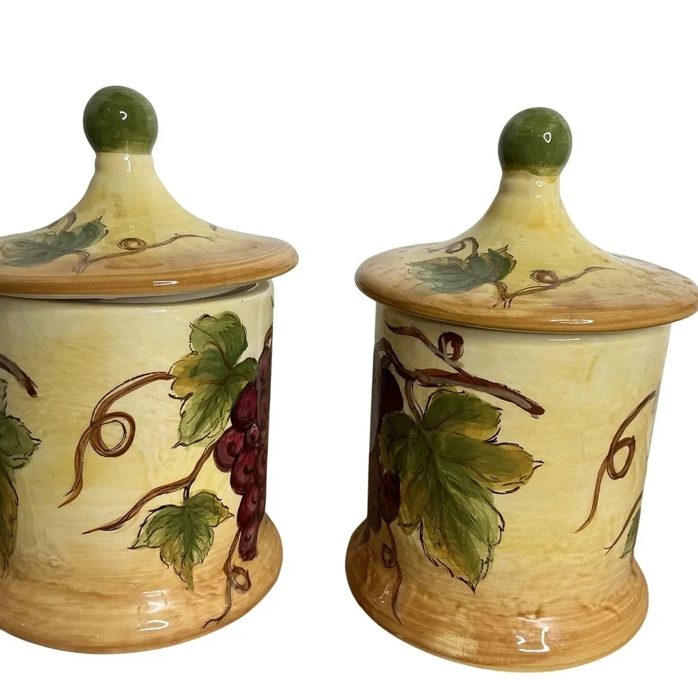 Charming Ceramic Canisters with Grapes and Leaves Set of 2 Vineyard Theme
